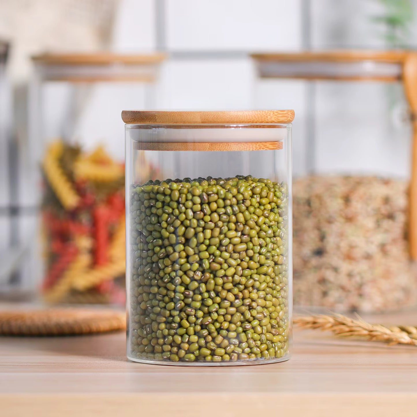 طقم أوعية تخزين المطبخ من الزجاج والخيزران عدد (10) قطع